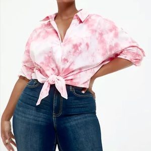Fashion to Figure Pink and White Tie Dye Front Button Shirt Size 2x (18/20)
